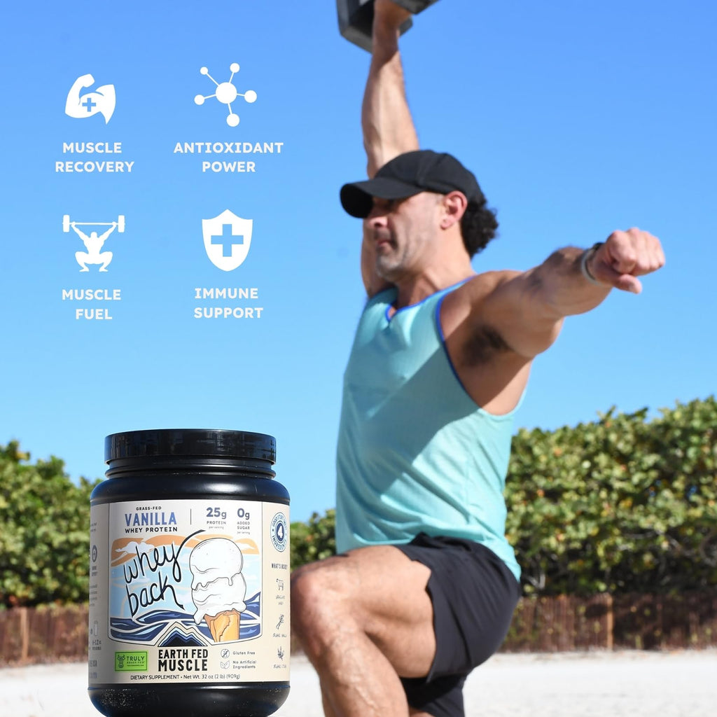Earth Fed Muscle Whey Back Irish Grass Fed Whey Protein Isolate, Third-Party Certified. 25g Protein, Vanilla - Non-GMO, Hormone Free, Soy Free, Gluten Free - 2 LB, 29 Servings - FENGGESTORE20