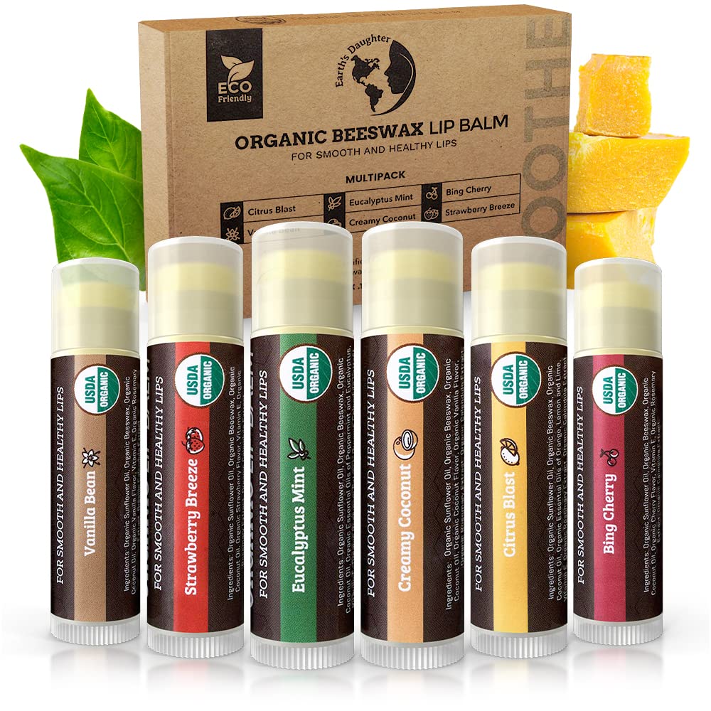 Earth's Daughter USDA Organic Lip Balm 6-Pack - Fruit Flavors, Beeswax, Coconut Oil, Vitamin E - Best Lip Repair - FENGGESTORE20