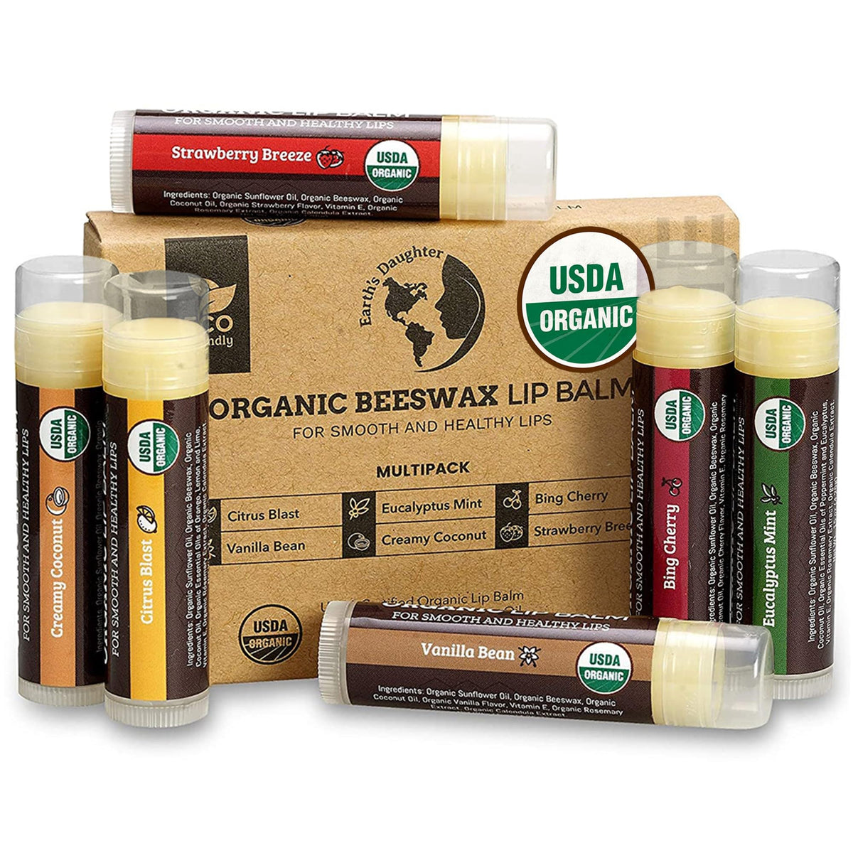 Earth's Daughter USDA Organic Lip Balm 6-Pack - Fruit Flavors, Beeswax, Coconut Oil, Vitamin E - Best Lip Repair - FENGGESTORE20