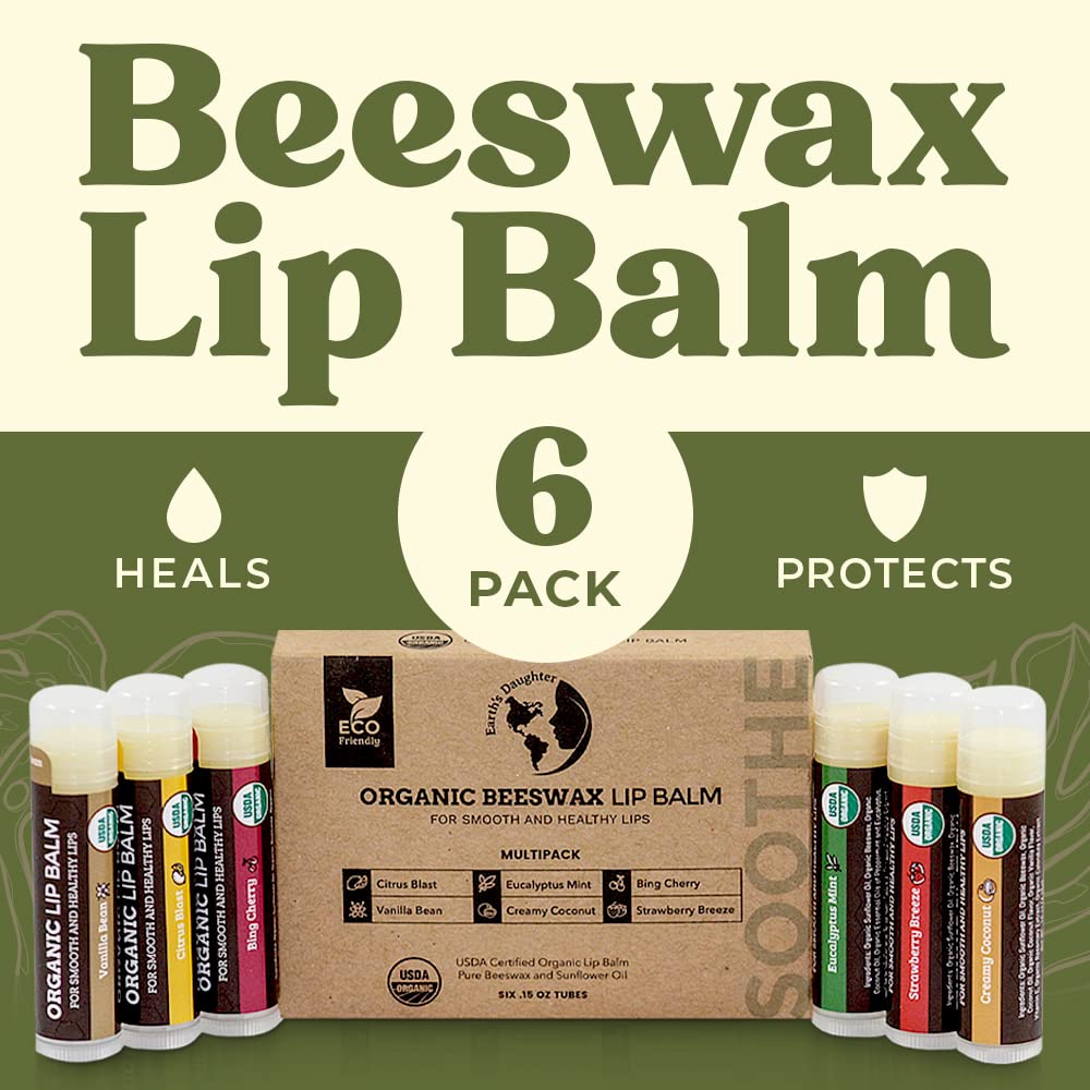 Earth's Daughter USDA Organic Lip Balm 6-Pack - Fruit Flavors, Beeswax, Coconut Oil, Vitamin E - Best Lip Repair - FENGGESTORE20