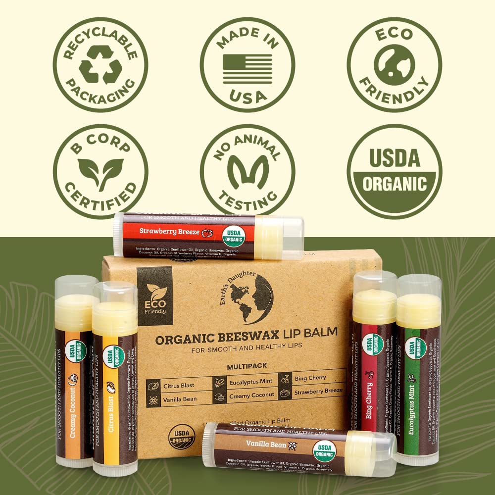 Earth's Daughter USDA Organic Lip Balm 6-Pack - Fruit Flavors, Beeswax, Coconut Oil, Vitamin E - Best Lip Repair - FENGGESTORE20