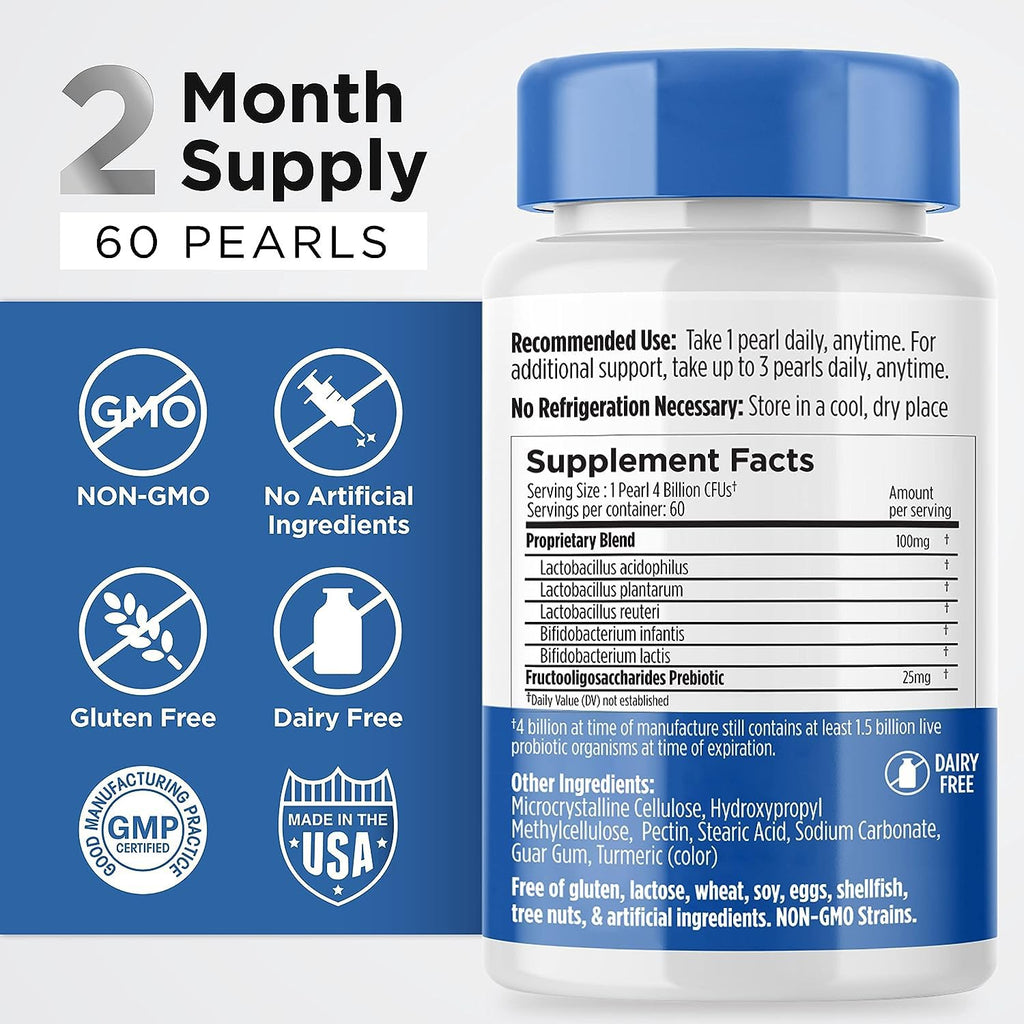 Earth's Pearl Probiotics for Women & Men & Kids - Pearl-Shaped Probiotic & Prebiotics with BIO-Tract®, 4 Billion CFU, Gut Health Support (60-Day Supply) - FENGGESTORE20