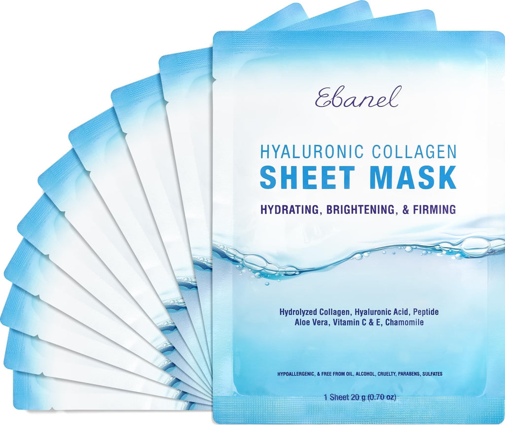 Ebanel 10 Pack Collagen Face Mask with Hyaluronic Acid, Vitamin C, Peptide, Aloe, Instant Brightening Hydrating Face Masks Skincare Korean Sheet Mask, Skin Firming, Lifting Anti Aging Facial Masks - FENGGESTORE20