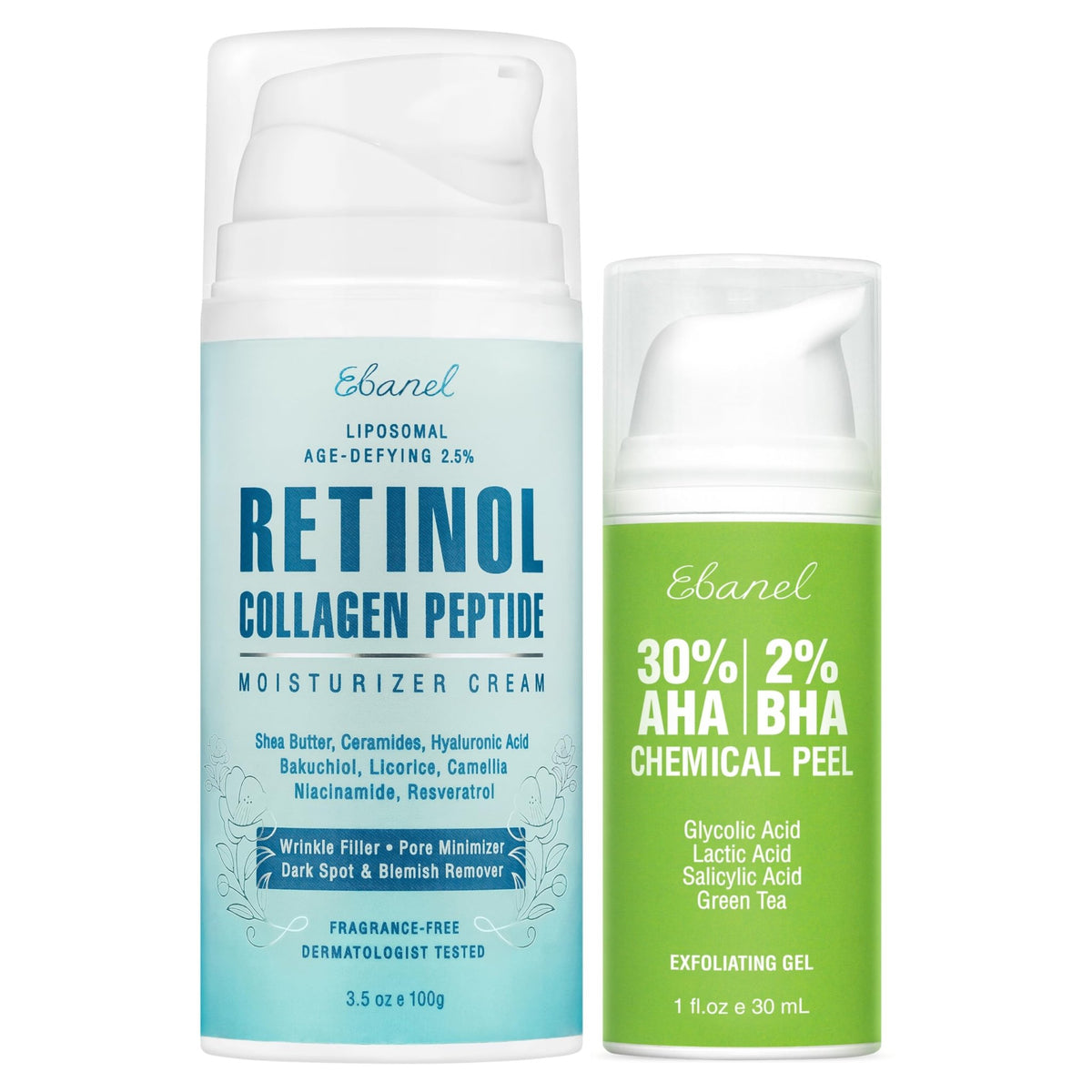 Ebanel 30% AHA 2% BHA Chemical Peel & 2.5% Retinol Cream Moisturizer for Face - Removes Acne Scars, Dark Spots, Wrinkles & Brightens Skin - FENGGESTORE20