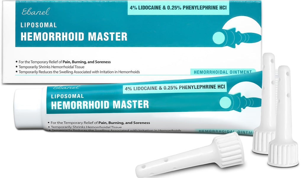 Ebanel 4% Lidocaine Hemorrhoid Treatment Ointment with Phenylephrine, Witch Hazel, Vitamin B6, Zinc Oxide, Frankincense, External and Internal Hemorrhoids Treatment Burn Itch Pain Relief Anal Cream - FENGGESTORE20