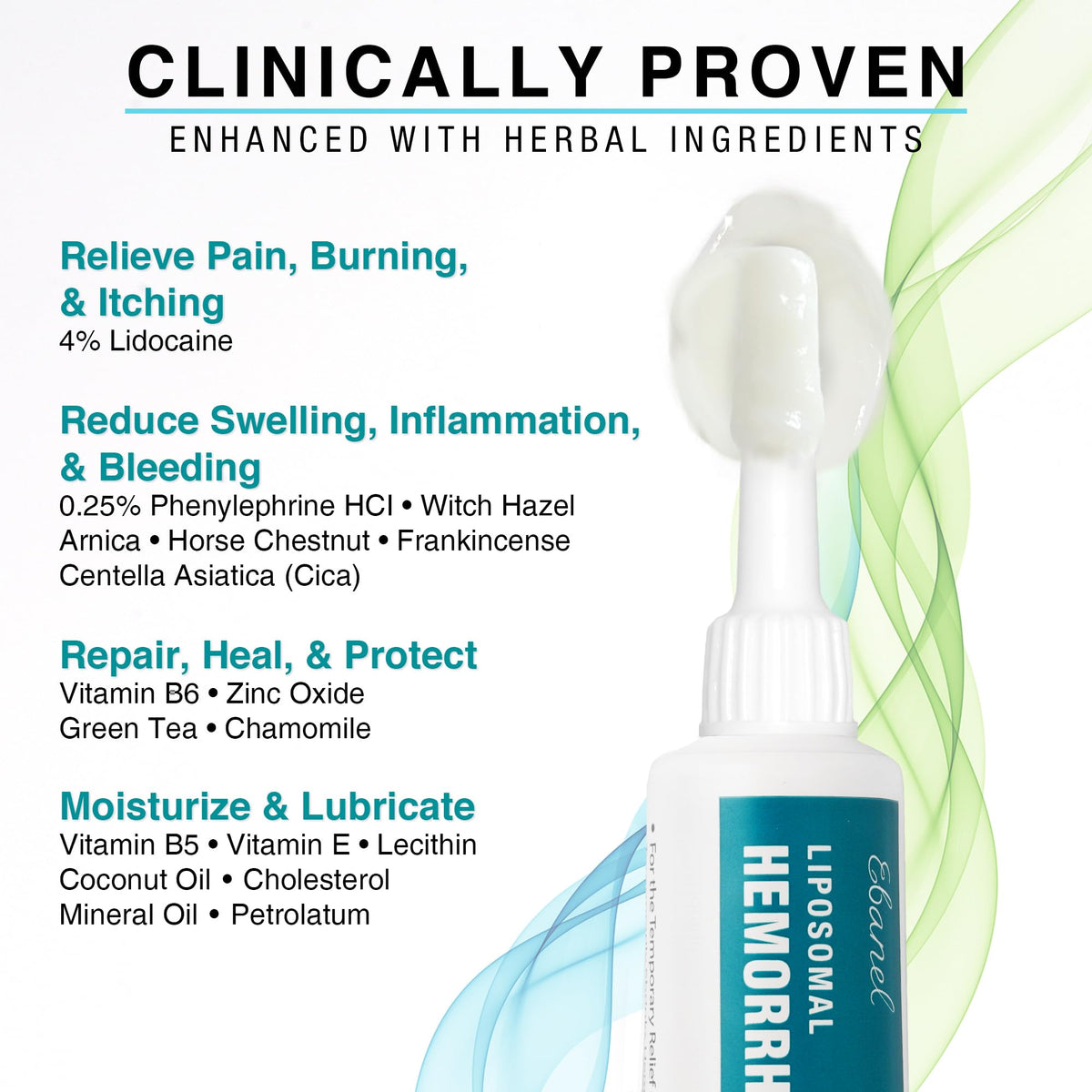 Ebanel 4% Lidocaine Hemorrhoid Treatment Ointment with Phenylephrine, Witch Hazel, Vitamin B6, Zinc Oxide, Frankincense, External and Internal Hemorrhoids Treatment Burn Itch Pain Relief Anal Cream - FENGGESTORE20