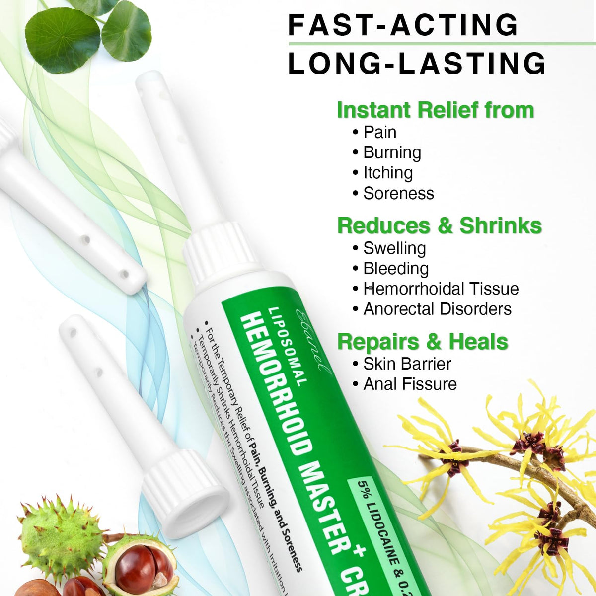 Ebanel 5% Lidocaine Hemorrhoid Treatment Cream with Witch Hazel, Phenylephrine, Horse Chestnut, Vitamin B6, Zinc Oxide, External and Internal Hemorrhoids Treatment Burn Itch Pain Relief Anal Cream - FENGGESTORE20