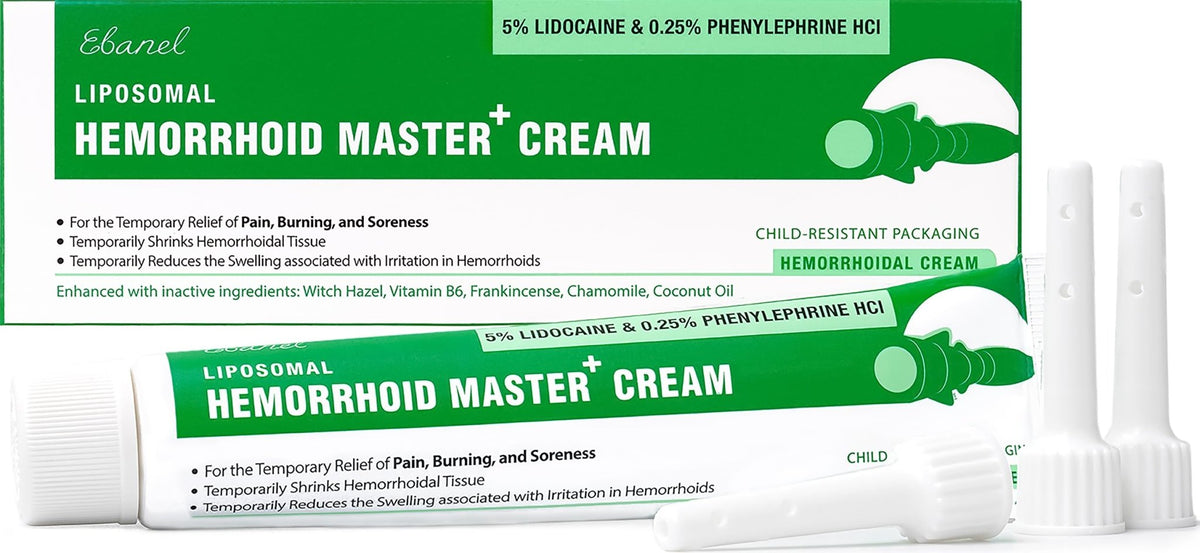 Ebanel 5% Lidocaine Hemorrhoid Treatment Cream with Witch Hazel, Phenylephrine, Horse Chestnut, Vitamin B6, Zinc Oxide, External and Internal Hemorrhoids Treatment Burn Itch Pain Relief Anal Cream - FENGGESTORE20