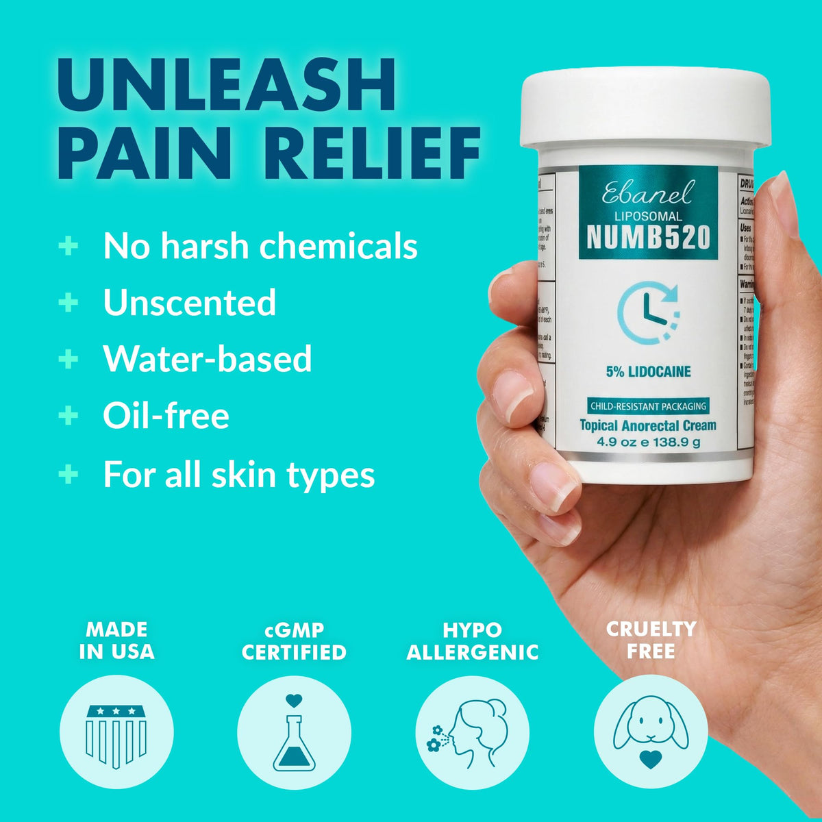 Ebanel 5% Lidocaine Numbing Cream, Pain Relief Burn Itch Cream, Maximum Strength Topical Anesthetic with Allantoin, Vitamin E for Local and Anorectal Uses, Hemorrhoid Treatment, 4.9 Oz - FENGGESTORE20