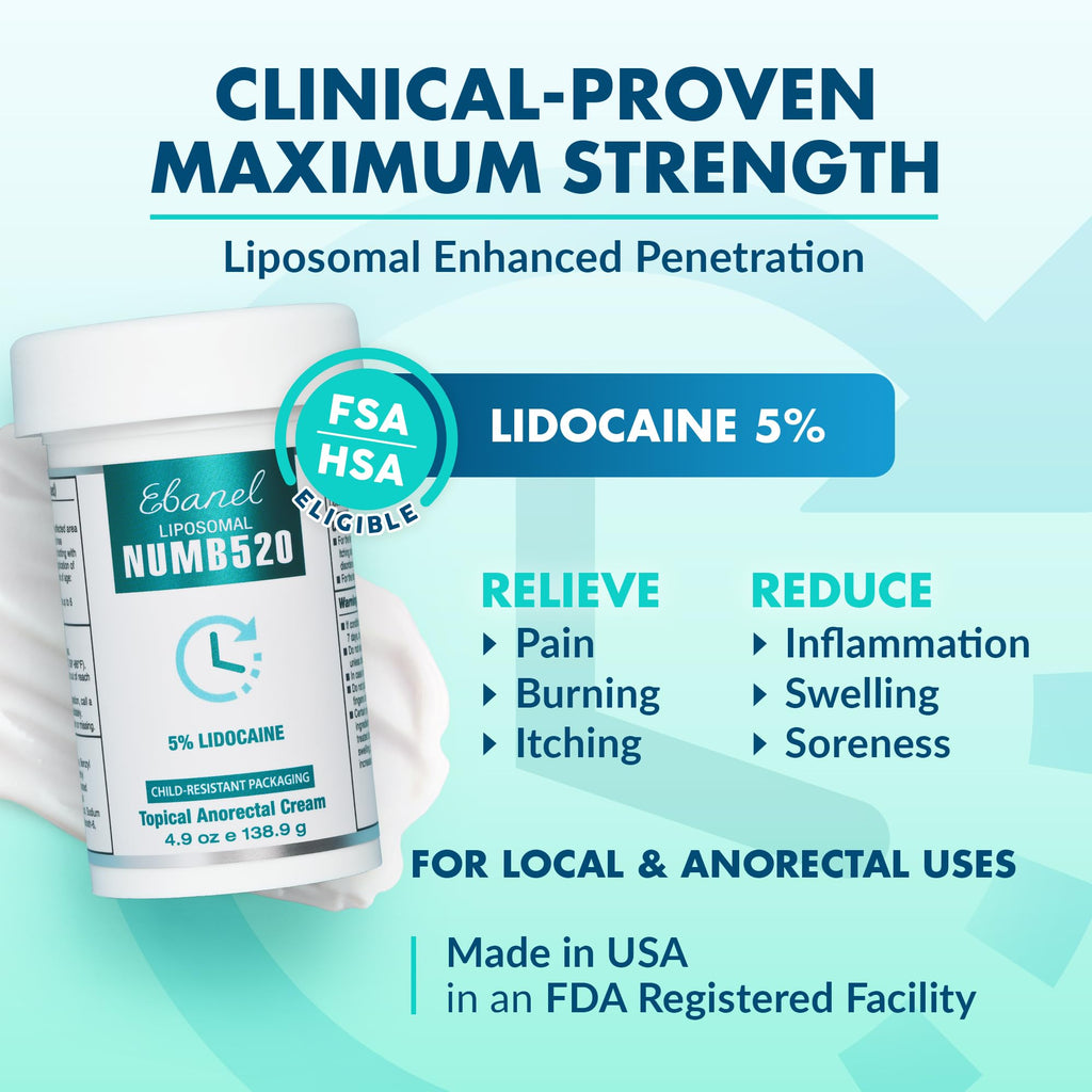 Ebanel 5% Lidocaine Numbing Cream, Pain Relief Burn Itch Cream, Maximum Strength Topical Anesthetic with Allantoin, Vitamin E for Local and Anorectal Uses, Hemorrhoid Treatment, 4.9 Oz - FENGGESTORE20