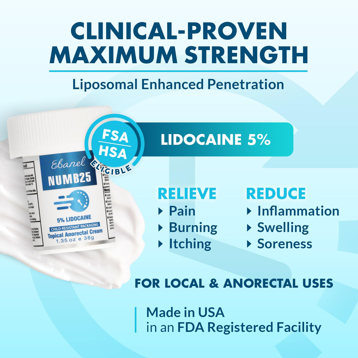 Ebanel 5% Lidocaine Numbing Cream, Pain Relief Burn Itch Numb Cream, Maximum Strength Numb25 Topical Anesthetic with Allantoin, Vitamin E for Local and Anorectal Uses, Hemorrhoid Treatment, 1.35 Oz - FENGGESTORE20