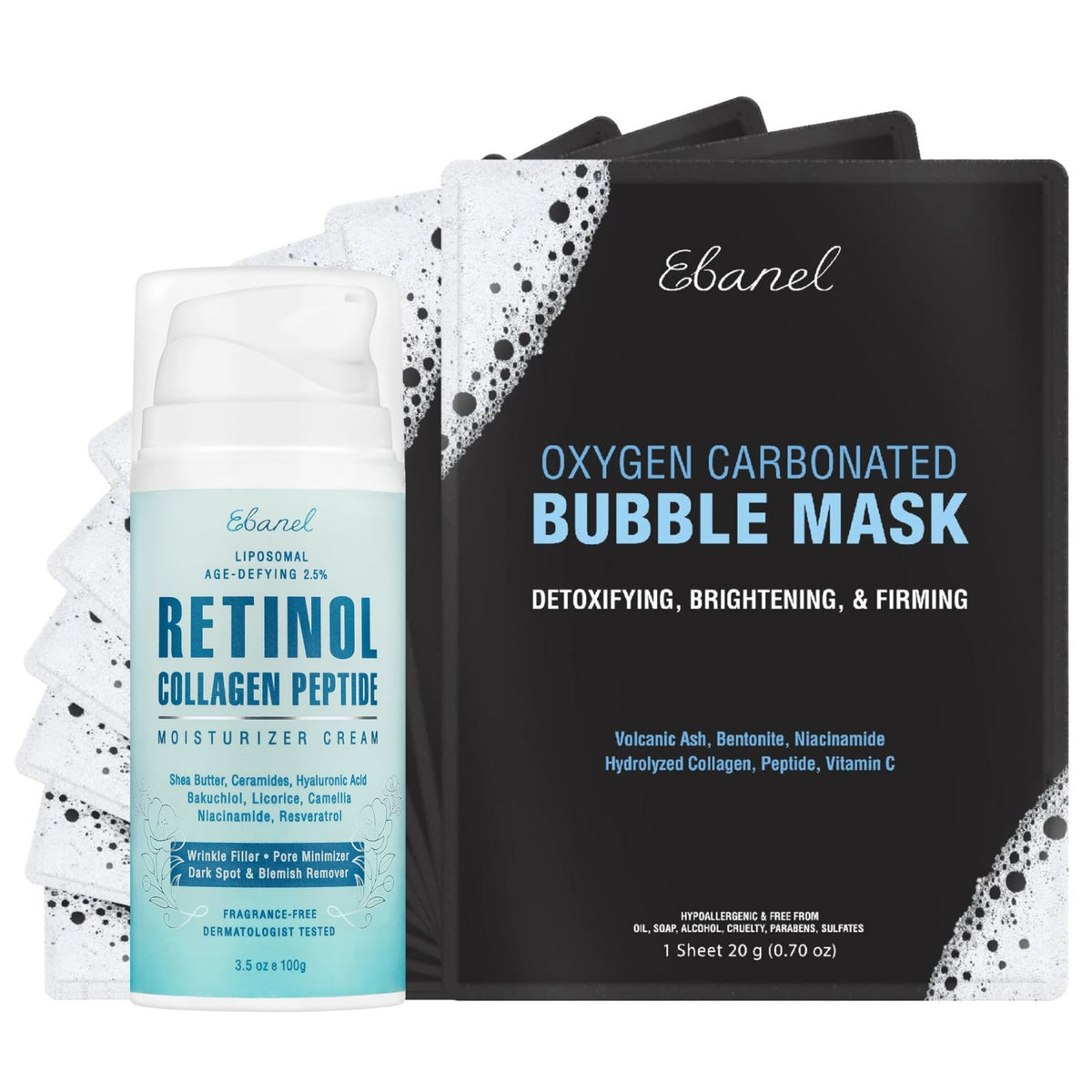 Ebanel Bundle of 10 Pack Bubble Clay Masks, and 2.5% Retinol Moisturizer - FENGGESTORE20