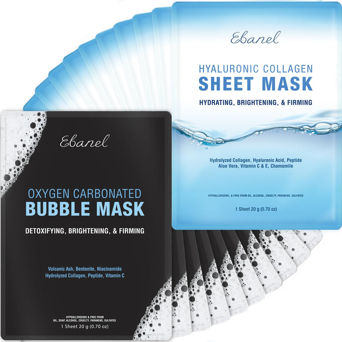 Ebanel Bundle of 15-Pack Collagen Face Mask, and 10-Pack Carbonated Bubble Clay Mask - FENGGESTORE20