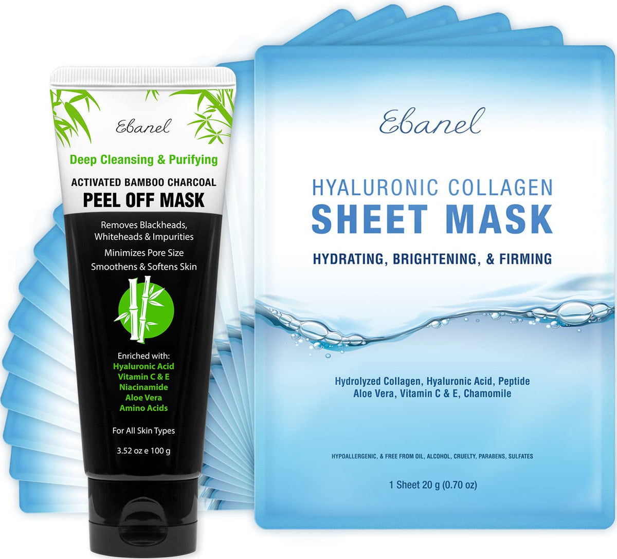 Ebanel Bundle of 15-Pack Collagen Face Mask, and Charcoal Peel Off Face Mask - FENGGESTORE20