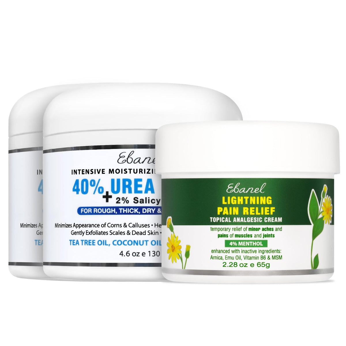 Ebanel Bundle of 2 Pack 40% Urea Cream 4.6 Oz, and Pain Relief Cream Arnica Menthol 2.28 Oz - FENGGESTORE20
