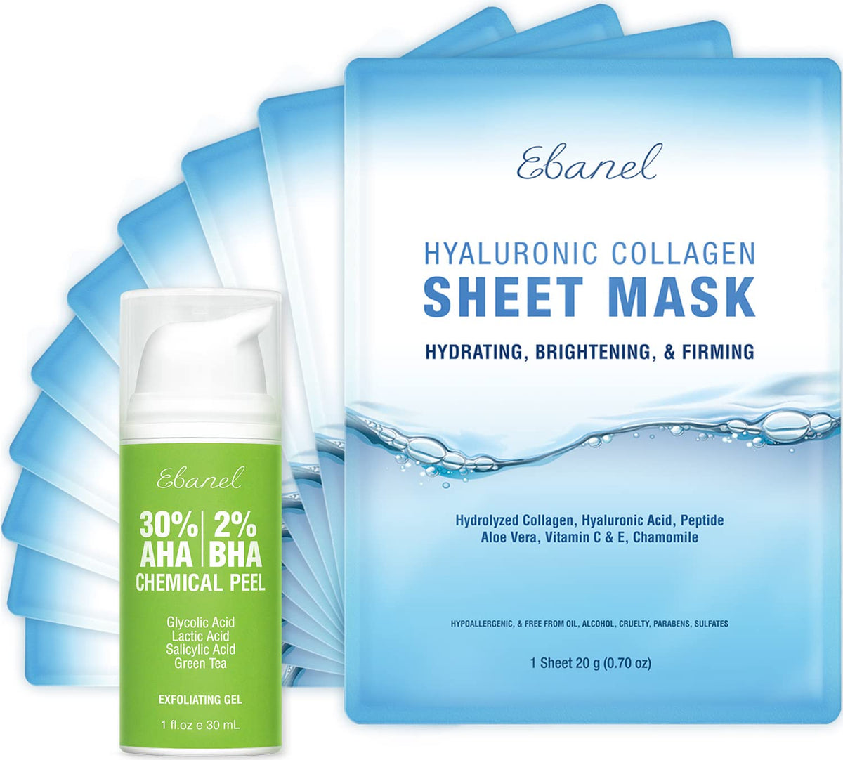 Ebanel Bundle of 30% AHA 2% BHA Chemical Peel and 10 Pack Collagen Face Mask - FENGGESTORE20