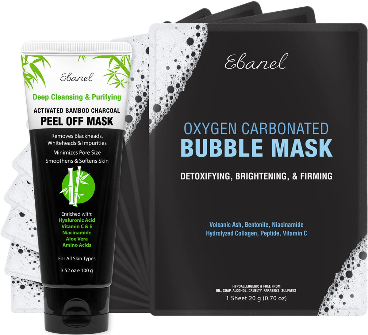 Ebanel Bundle of Charcoal Peel Off Face Mask, and 10-Pack Carbonated Bubble Clay Mask - FENGGESTORE20