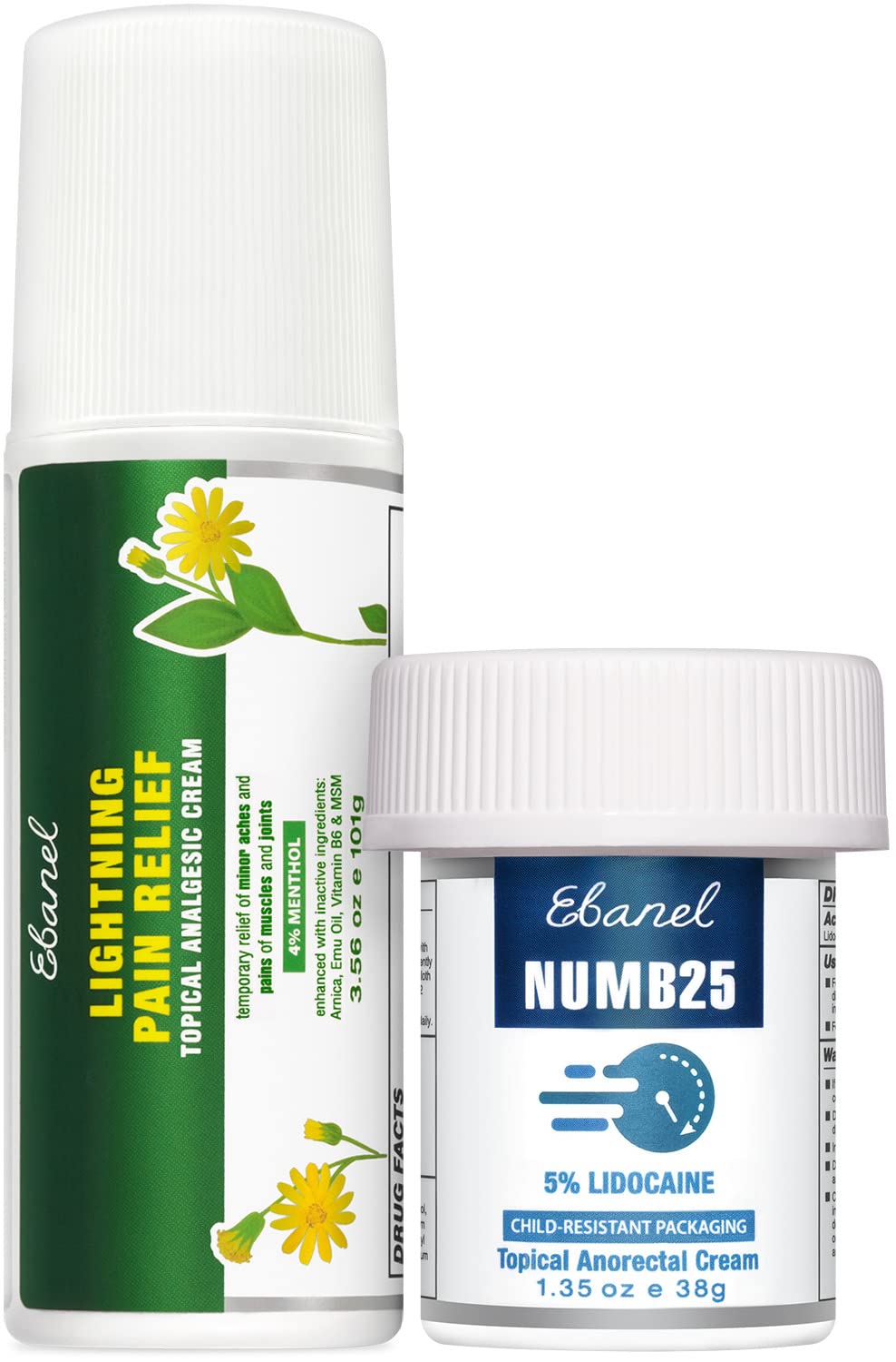 Ebanel Bundle of Numb25 Lidocaine 5% Topical Numbing Cream 1 Oz, and Pain Relief Roll On Arnica Menthol 3 Oz - FENGGESTORE20