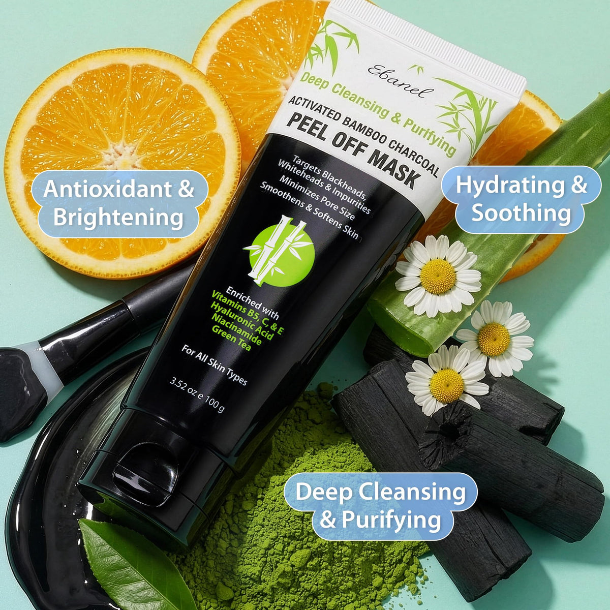Ebanel Charcoal Peel Off Face Mask Applicator Set, Deep Pore Cleansing Minimizer Blackhead Remover with Niacinamide, Hyaluronic Acid, Vitamin C, Green Tea, Deep Cleanse Black Masks Peel Off Gel Mask - FENGGESTORE20