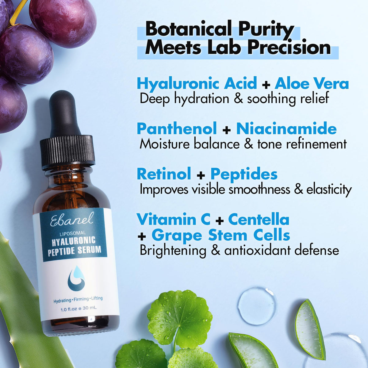 Ebanel Hyaluronic Acid Serum for Face with Peptides & Niacinamide, Hydrating Face Serum for Women, Age-Defying Formula Infused with Vitamins B, C & E to Plump, Firm & Smooth Skin - FENGGESTORE20
