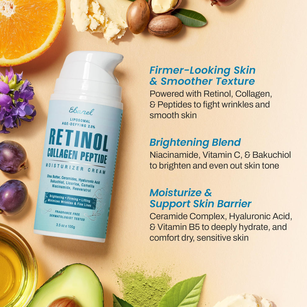 Ebanel Retinol Cream for Face 3.5 oz, Moisturizer with Collagen, Peptides, Ceramides, Hyaluronic Acid, Vitamin C & B5, Firming Anti Aging Face Cream for Wrinkles, Fine Lines, Dark Spots, Day & Night - FENGGESTORE20