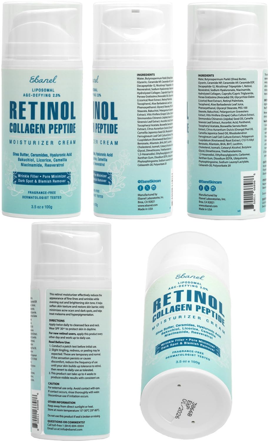 Ebanel Retinol Cream for Face 3.5 oz, Moisturizer with Collagen, Peptides, Ceramides, Hyaluronic Acid, Vitamin C & B5, Firming Anti Aging Face Cream for Wrinkles, Fine Lines, Dark Spots, Day & Night - FENGGESTORE20