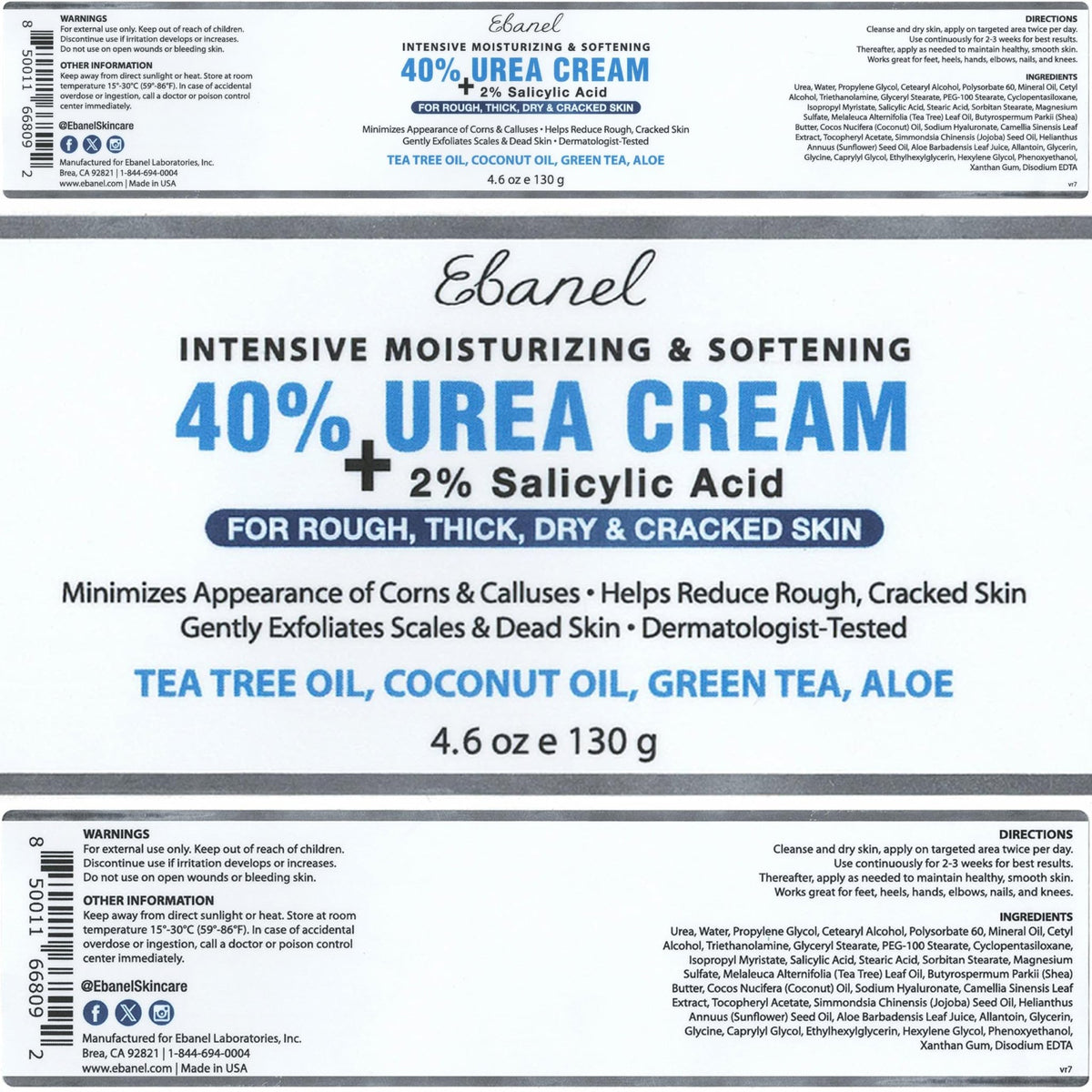Ebanel Urea Cream 40% plus Salicylic Acid 2%, Foot Cream for Dry Cracked Heels Feet Knees Elbows Hands, Foot Dead Skin Cuticle Callus Remover Toenail Softener, Keratolytic Skin Barrier Repair - FENGGESTORE20
