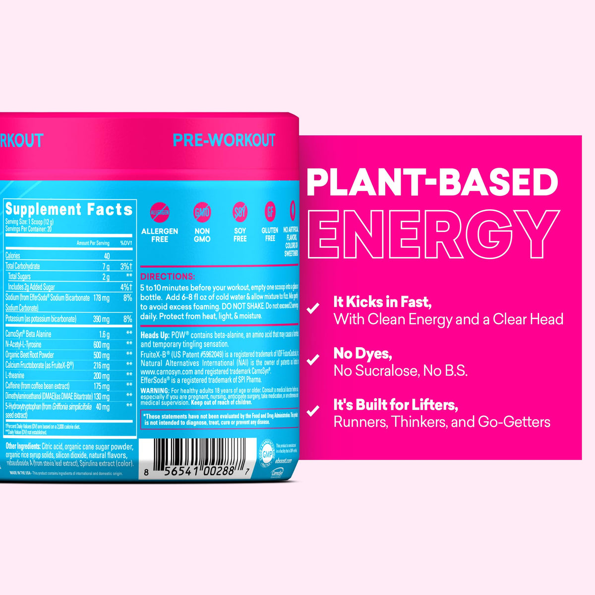 EBOOST POW Natural Pre Workout Powder – 20 Servings - Blue Raspberry - A PreWorkout Supplement for Performance, Joint Mobility Support, Energy - Men and Women - FENGGESTORE20