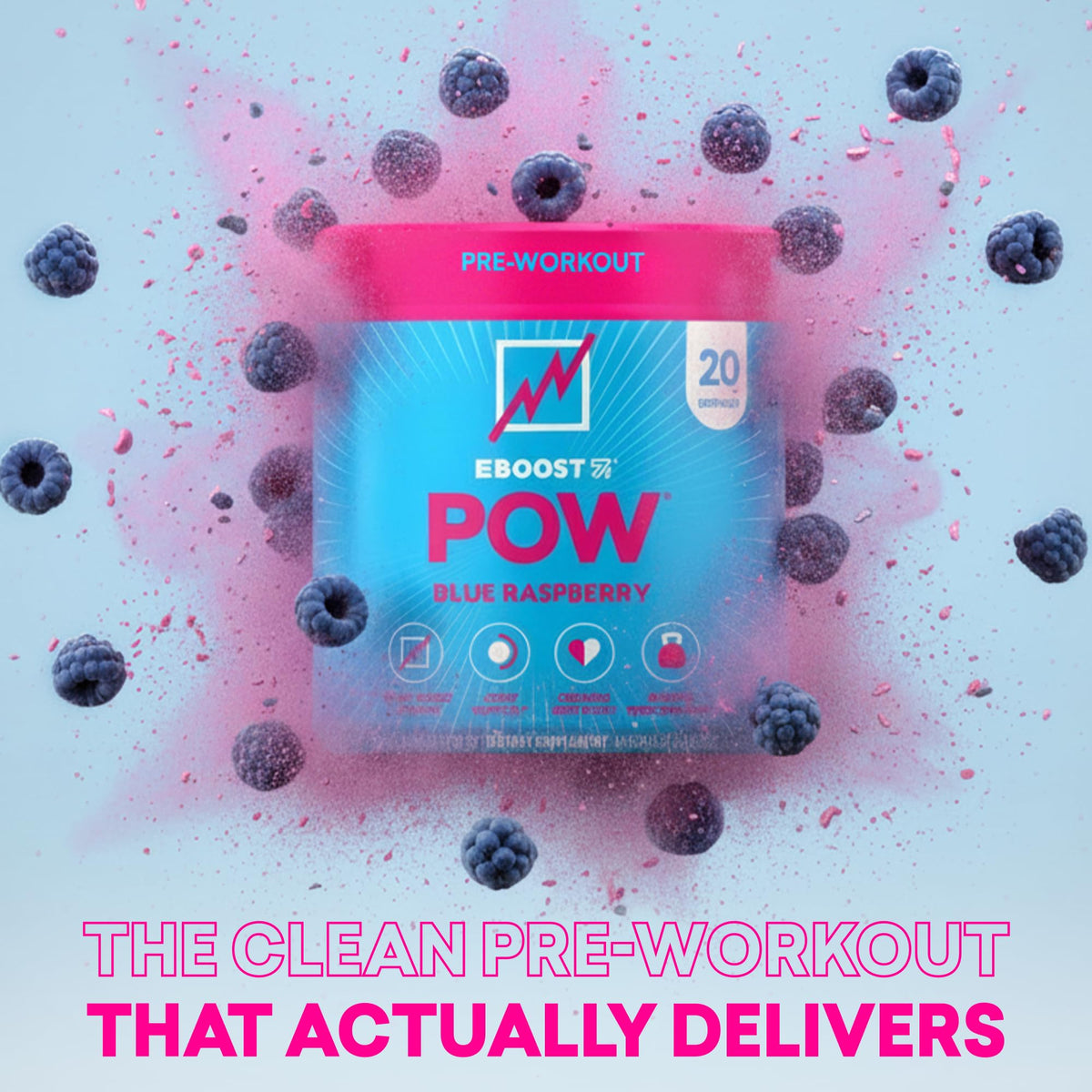 EBOOST POW Natural Pre Workout Powder – 20 Servings - Blue Raspberry - A PreWorkout Supplement for Performance, Joint Mobility Support, Energy - Men and Women - FENGGESTORE20