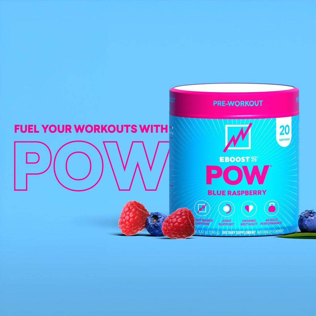 EBOOST POW Natural Pre Workout Powder – 20 Servings - Blue Raspberry - A PreWorkout Supplement for Performance, Joint Mobility Support, Energy - Men and Women - FENGGESTORE20