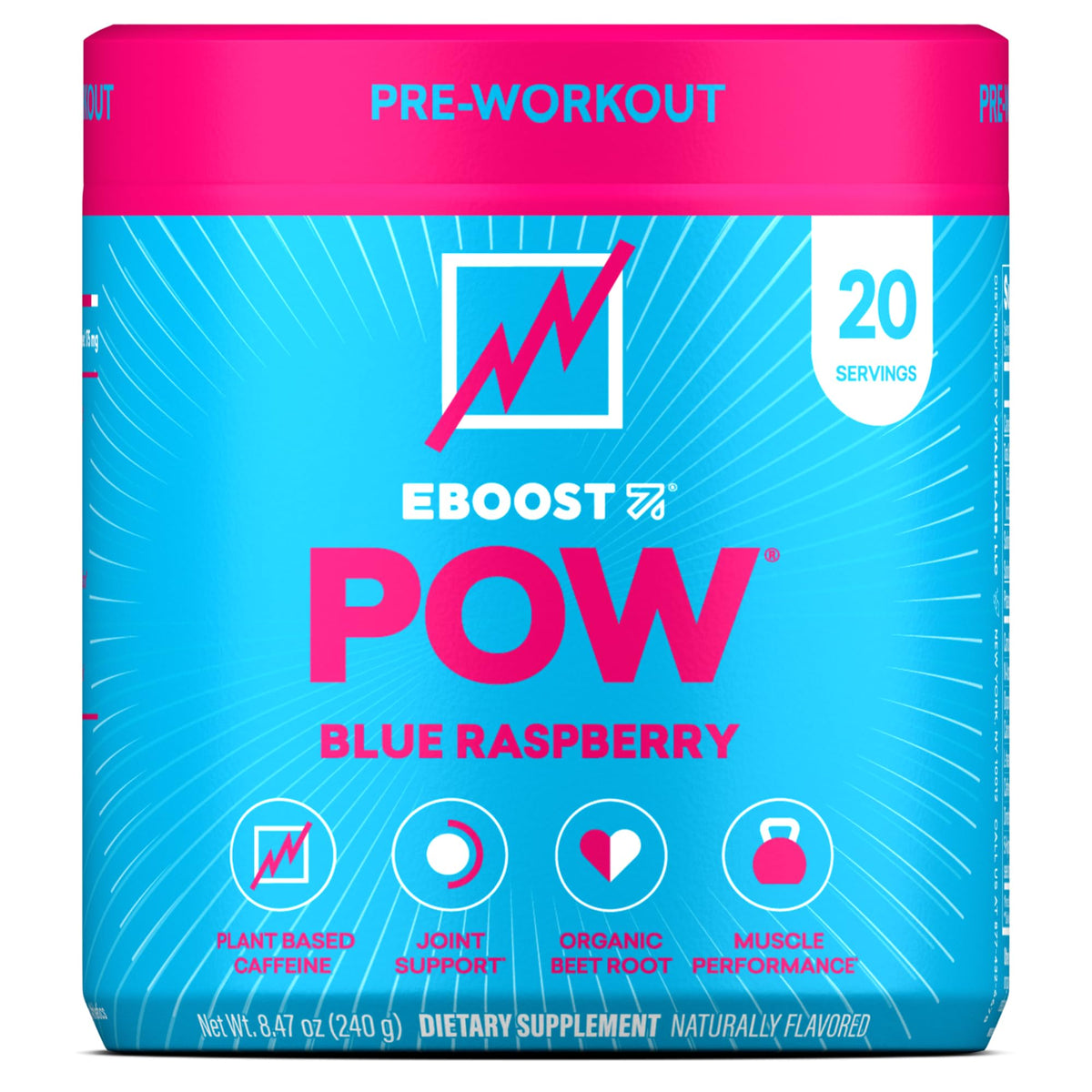 EBOOST POW Natural Pre Workout Powder – 20 Servings - Blue Raspberry - A PreWorkout Supplement for Performance, Joint Mobility Support, Energy - Men and Women - FENGGESTORE20