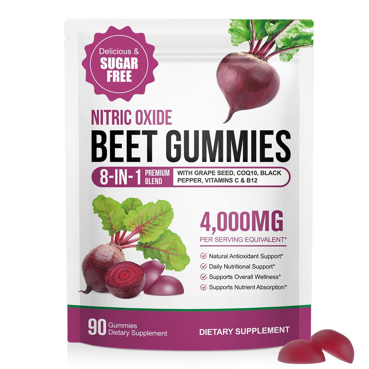 ECHTEYUN Super Beetroot Gummies, 8 in 1 Beet Root 4,000mg with Grape Seed Extract & CoQ10, Sugar Free - 90 Count (1) - FENGGESTORE20