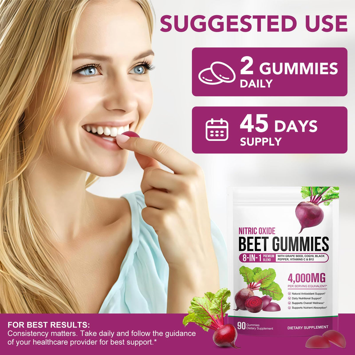 ECHTEYUN Super Beetroot Gummies, 8 in 1 Beet Root 4,000mg with Grape Seed Extract & CoQ10, Sugar Free - 90 Count (1) - FENGGESTORE20