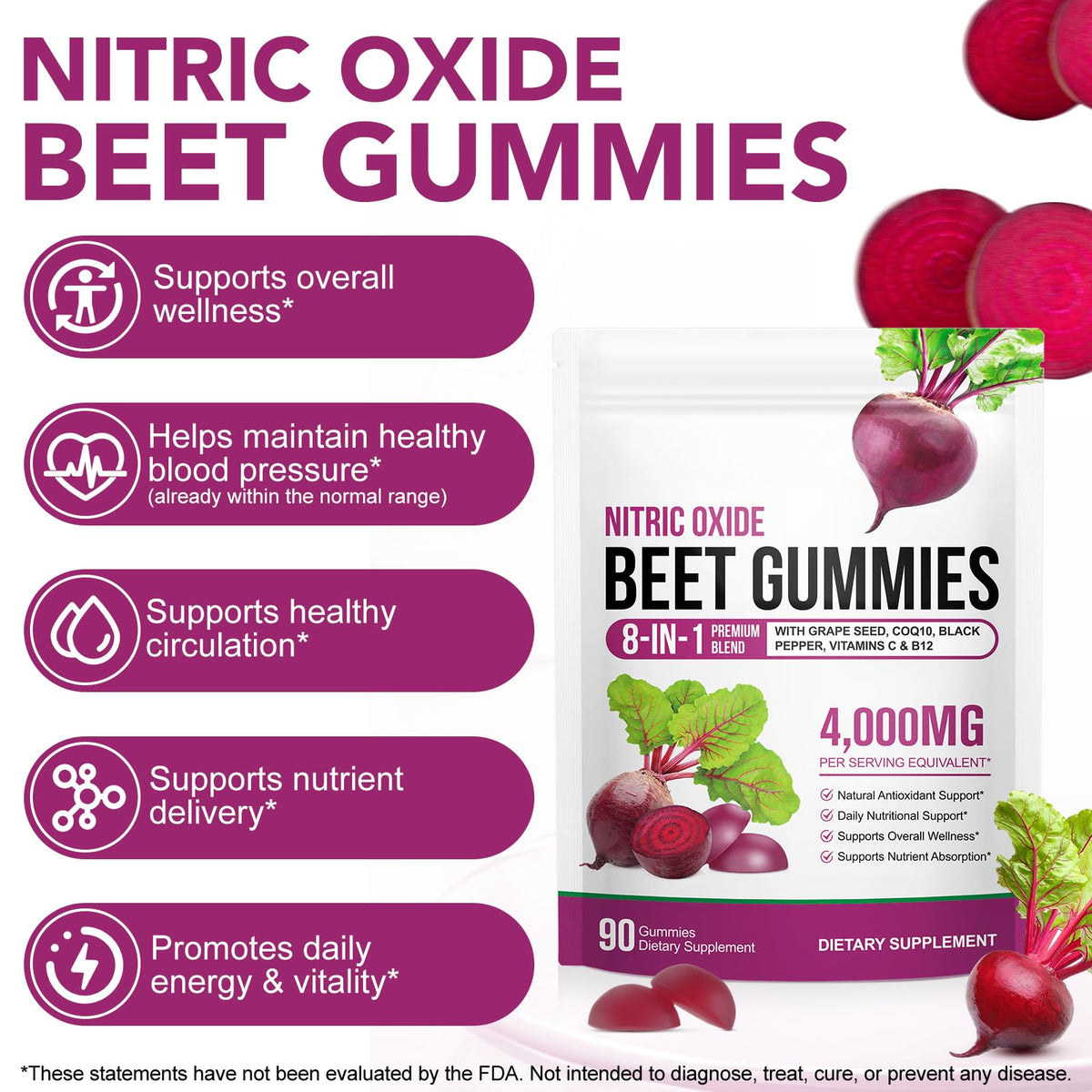 ECHTEYUN Super Beetroot Gummies, 8 in 1 Beet Root 4,000mg with Grape Seed Extract & CoQ10, Sugar Free - 90 Count (1) - FENGGESTORE20