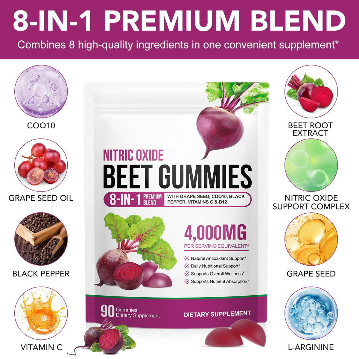ECHTEYUN Super Beetroot Gummies, 8 in 1 Beet Root 4,000mg with Grape Seed Extract & CoQ10, Sugar Free - 90 Count (1) - FENGGESTORE20