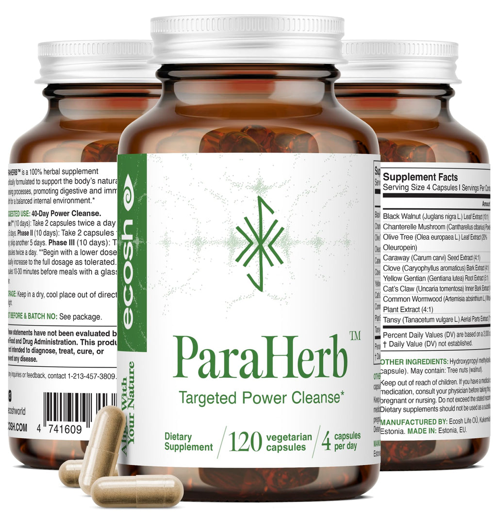 Ecosh ParaHerb™ Wormwood, Black Walnut, Clove & Chanterelle Extract Intestinal Cleanse – Herbal Support for Gut Detox & Digestion - FENGGESTORE20