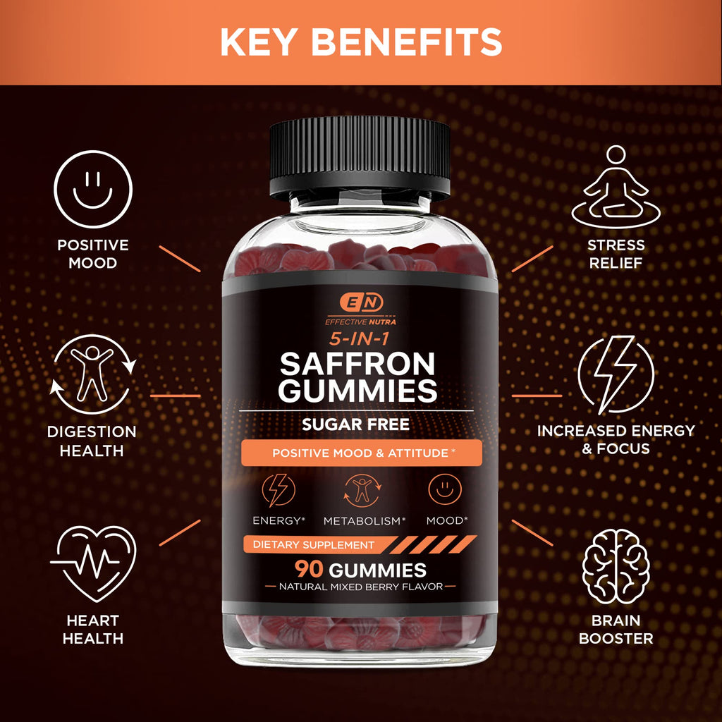 Effective Nutra Saffron Gummies for Adults 88.5mg - Mood Support & Stress Relief with GABA, Passion Flower - 5-in-1 Formula - Sugar-Free, Vegan, Non-GMO, Made in USA - 90 Count (45-Day Supply) - FENGGESTORE20