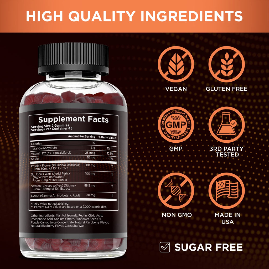 Effective Nutra Saffron Gummies for Adults 88.5mg - Mood Support & Stress Relief with GABA, Passion Flower - 5-in-1 Formula - Sugar-Free, Vegan, Non-GMO, Made in USA - 90 Count (45-Day Supply) - FENGGESTORE20