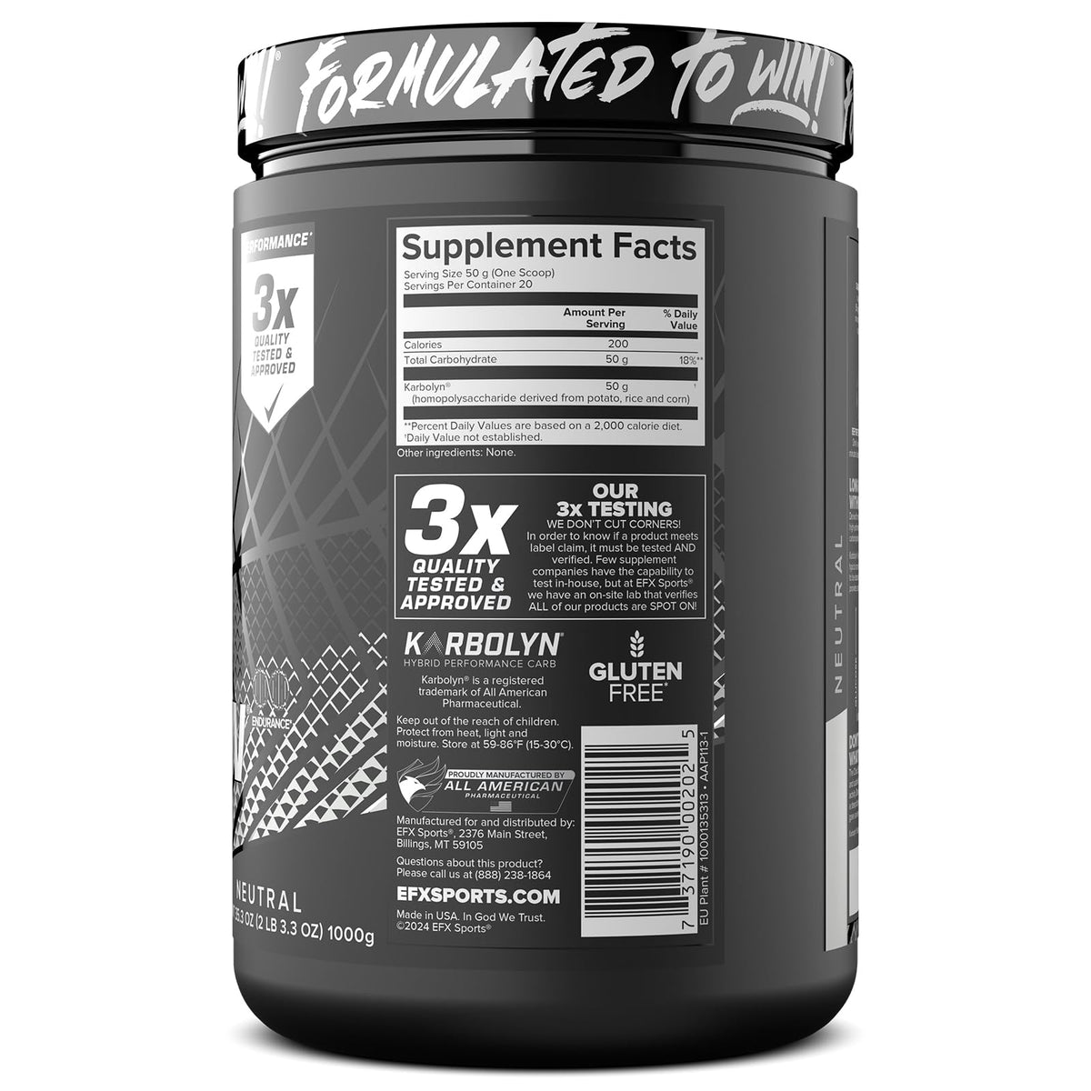 EFX Sports Karbolyn Fuel | Fast-Absorbing Carbohydrate Powder | Carb Load, Sustained Energy, Quick Recovery | Stimulant Free | 20 Servings (Neutral) - FENGGESTORE20