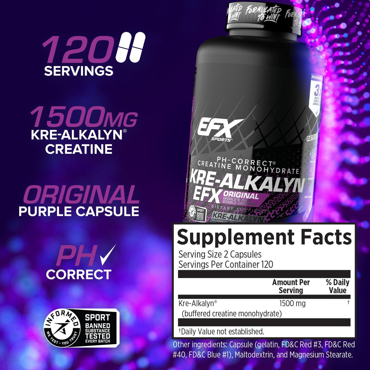 EFX Sports Kre-Alkalyn EFX | pH Correct Creatine Monohydrate Pill Supplement | Strength, Muscle Growth & Performance | 120 Servings, 240 Capsules - FENGGESTORE20