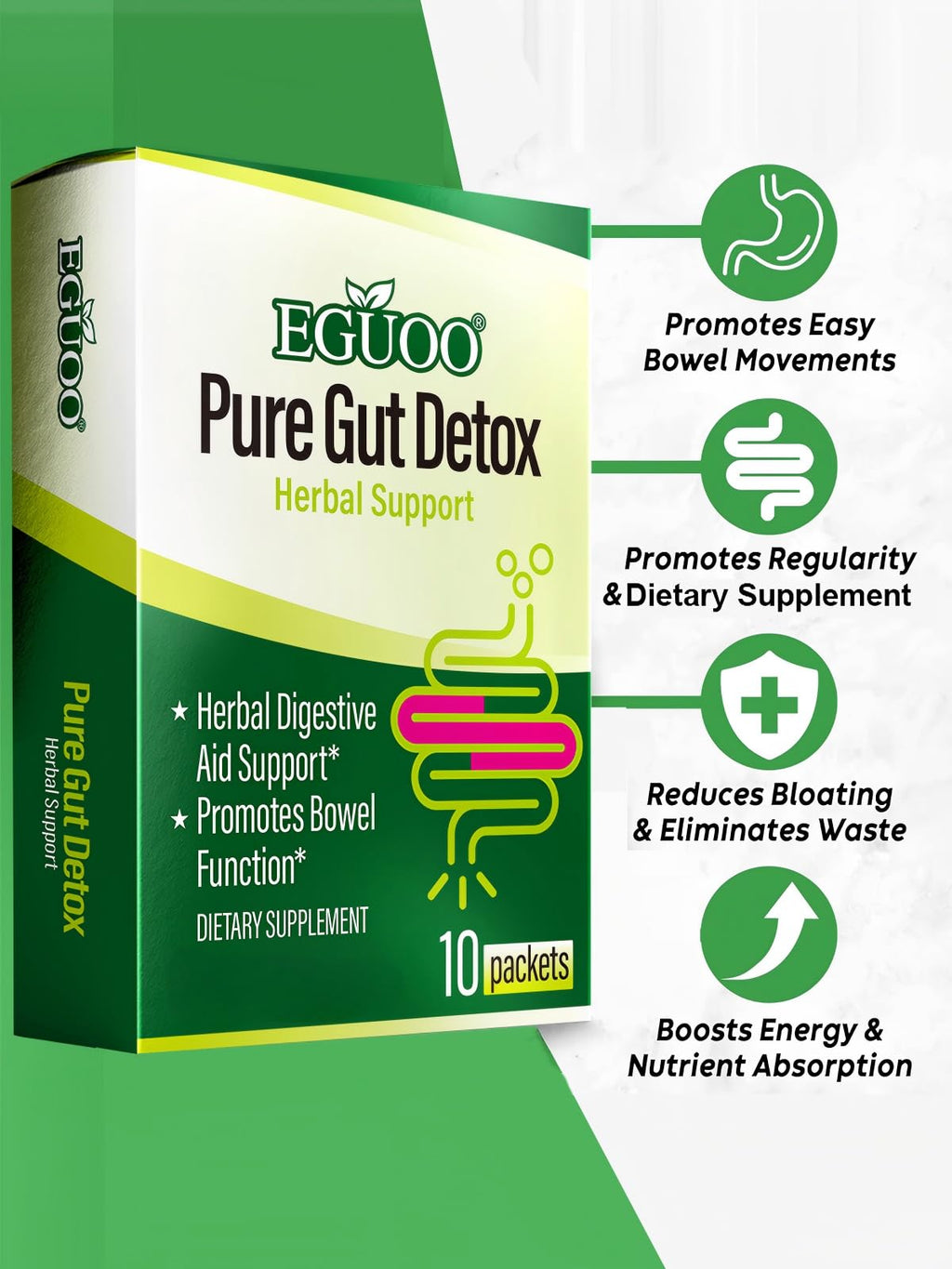 EGUOO Pure Gut Detox Powder – Bloating & Digestive Support | 10 Sachets Colon Cleanse with 2,456mg Prebiotics, DigeZyme® Enzymes & Senna - FENGGESTORE20