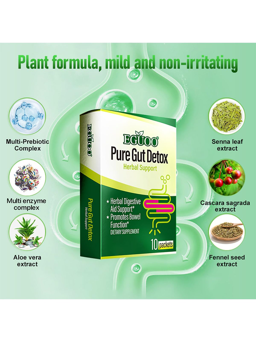 EGUOO Pure Gut Detox Powder – Bloating & Digestive Support | 10 Sachets Colon Cleanse with 2,456mg Prebiotics, DigeZyme® Enzymes & Senna - FENGGESTORE20