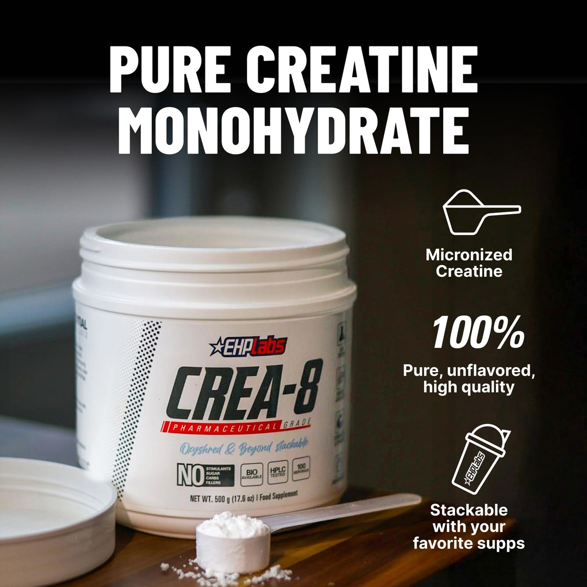 EHP Labs CREA-8 Micronized Creatine Monohydrate Powder - Unflavored Creatine Powder for Muscle Growth, Increased Strength, Enhanced Energy Output - FENGGESTORE20