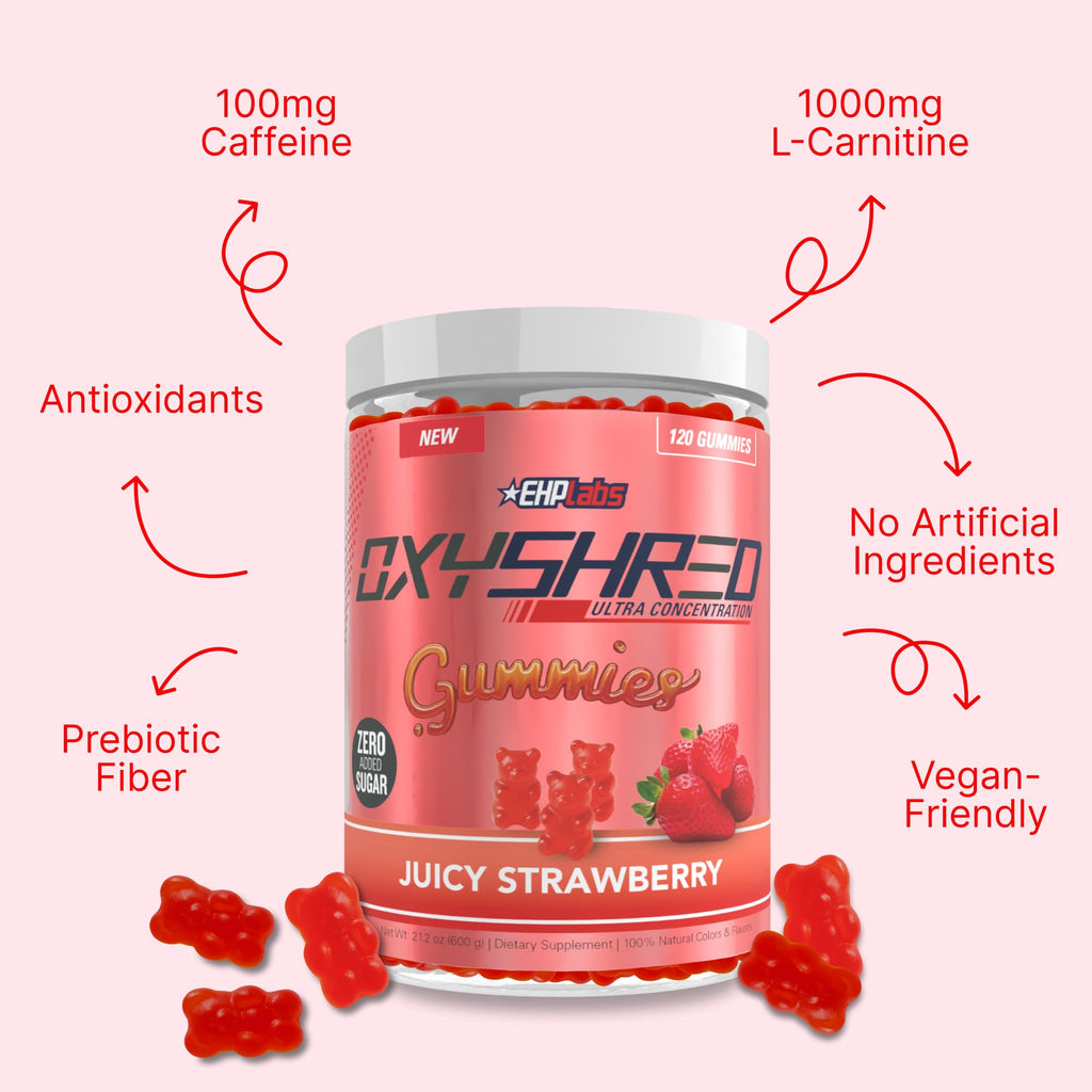 EHP Labs OxyShred Gummies - Pre Workout Gummies & Energy Chews with 100mg Caffeine, L-Carnitine for Thermo & Metabolic Support, All Natural Energy Boost - FENGGESTORE20