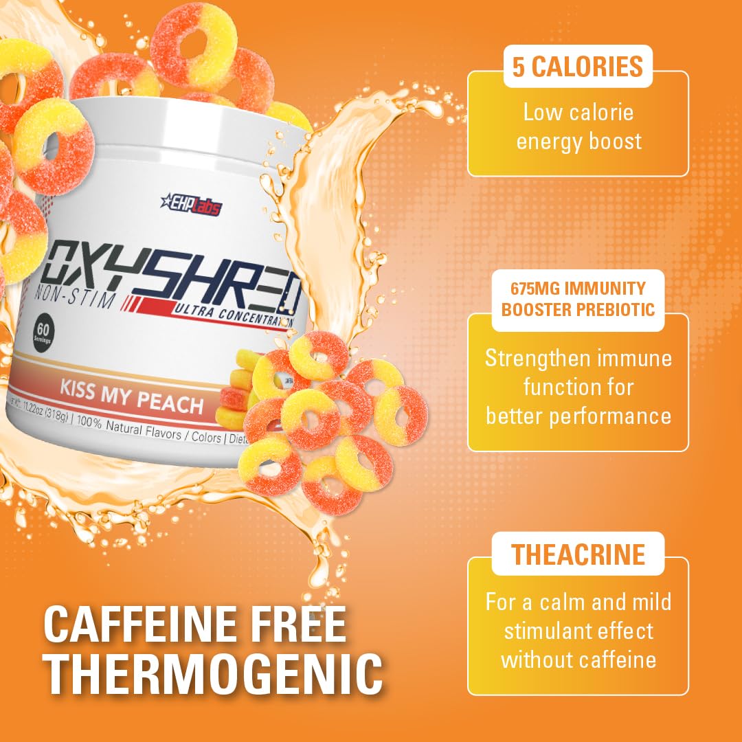 EHP Labs OxyShred Non Stimulant Pre Workout Powder - Stim Free Pre Workout, Caffeine Free Preworkout for Men & Women with L Glutamine & Acetyl L Carnitine - Peach, 60 Servings - FENGGESTORE20