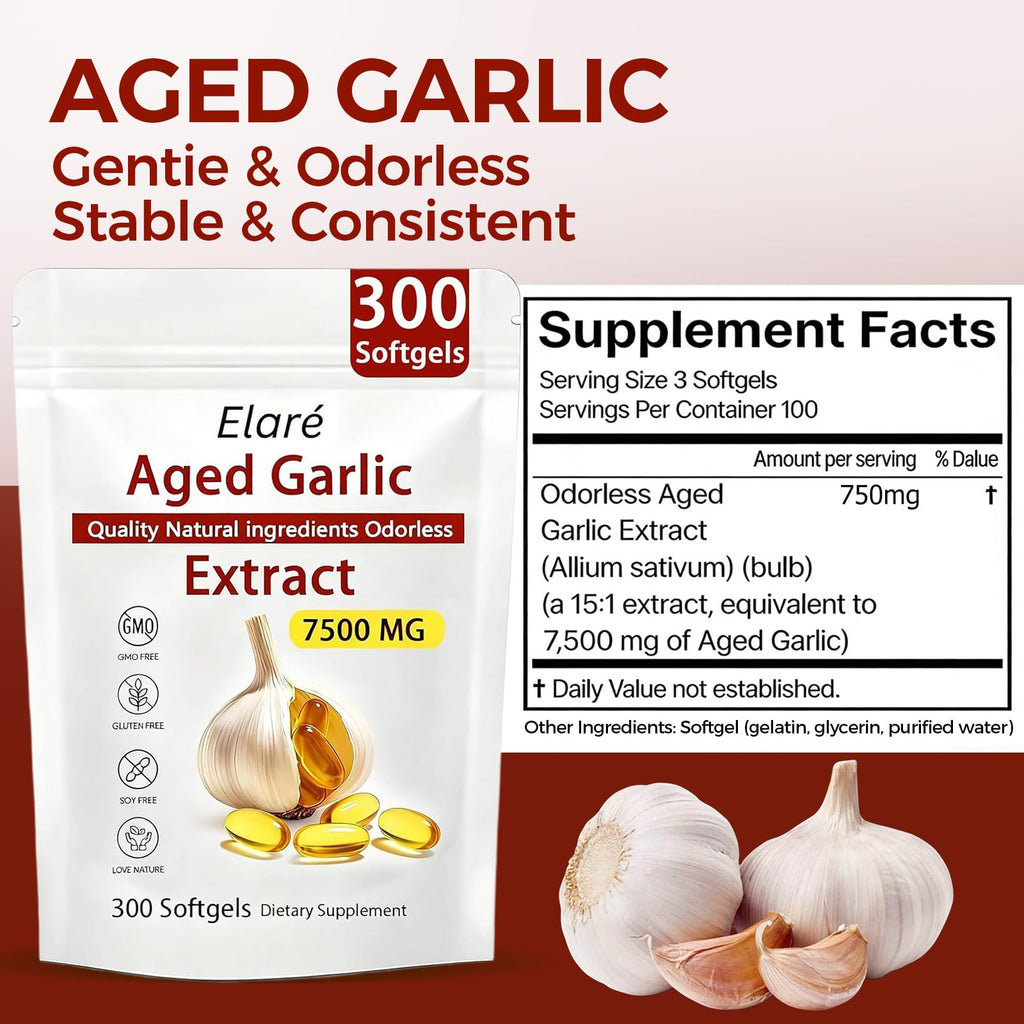 ELARE Aged Garlic Extract Capsules, Odorless Garlic 15:1 Extract Formula - 600 Count, Garlic Supplement, 2-Year Matured - FENGGESTORE20
