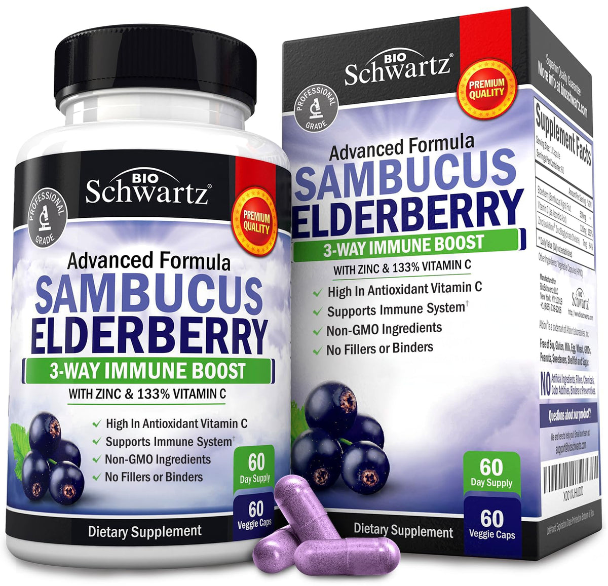 Elderberry Capsules with Zinc and Vitamin C for Adults - Immune Support Vitamins for Women and Men - Black Sambucus Elderberry Vitamin C and Zinc - FENGGESTORE20