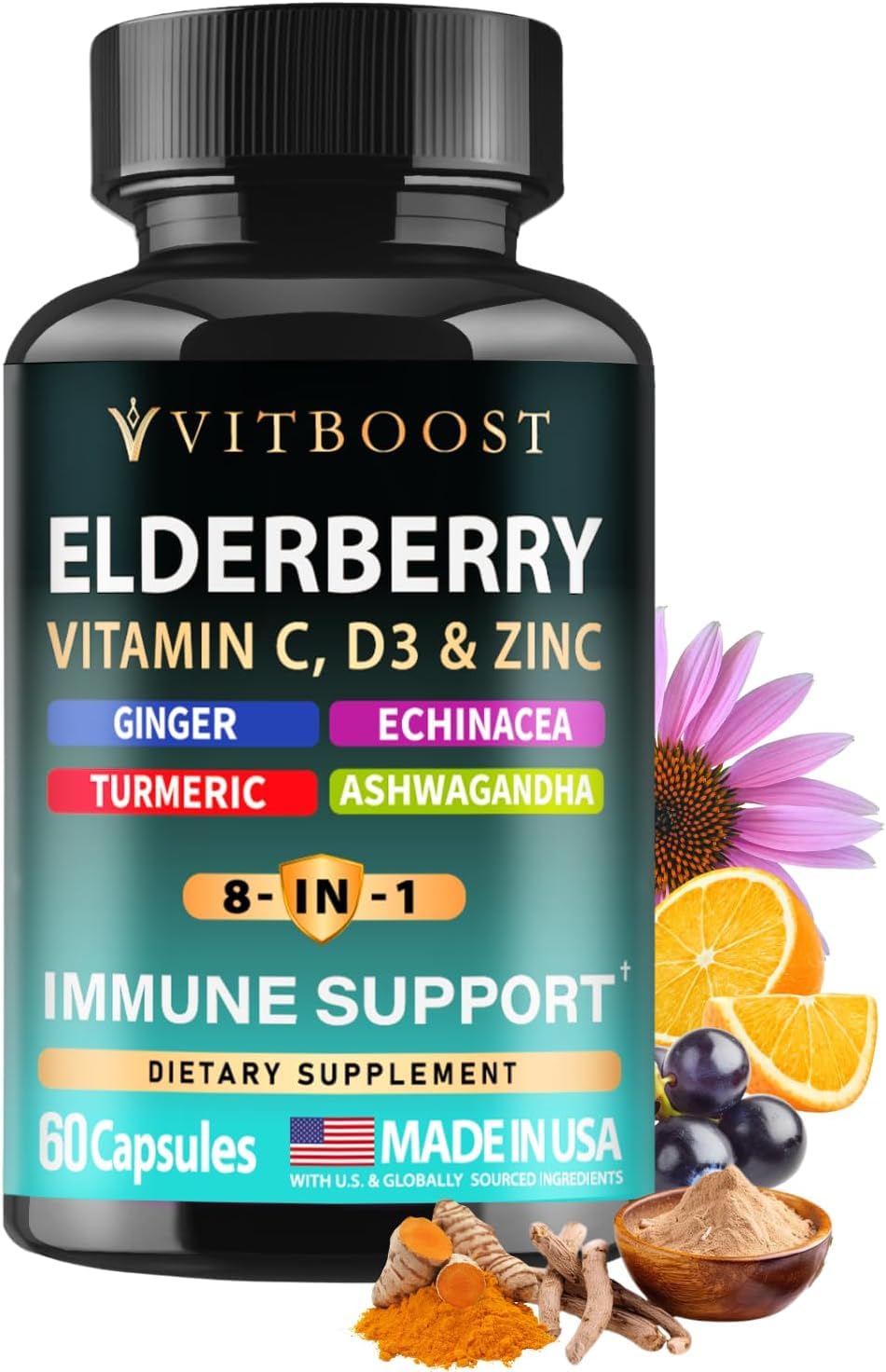 Elderberry Immune Support Supplement 8-in-1 Formula with Echinacea, Vitamin C & Zinc, Vitamin D 5000 IU, Turmeric, Ginger, Ashwagandha – 60 Capsules - FENGGESTORE20