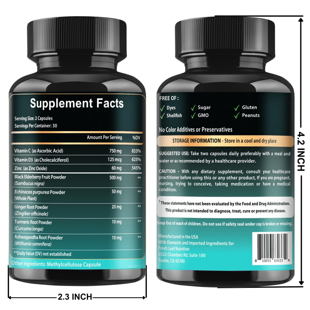 Elderberry Immune Support Supplement 8-in-1 Formula with Echinacea, Vitamin C & Zinc, Vitamin D 5000 IU, Turmeric, Ginger, Ashwagandha – 60 Capsules - FENGGESTORE20