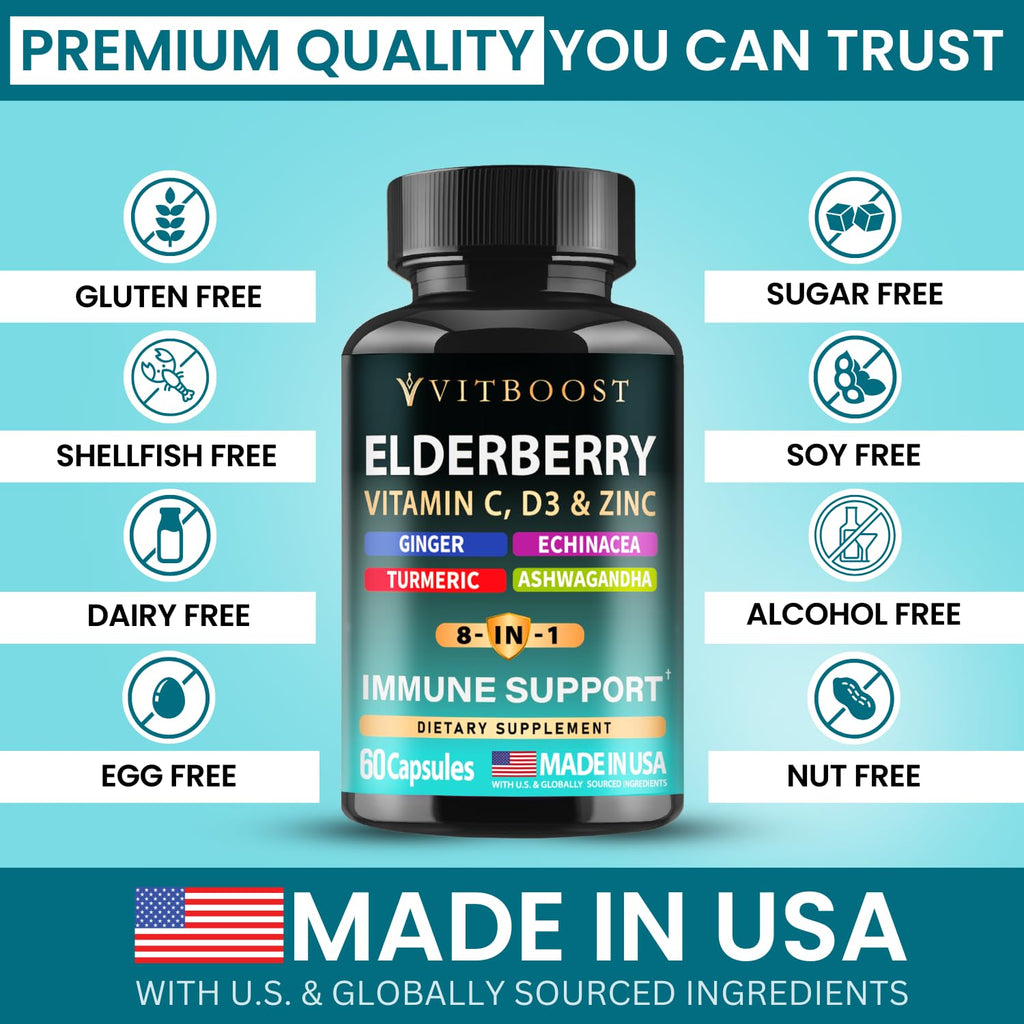 Elderberry Immune Support Supplement 8-in-1 Formula with Echinacea, Vitamin C & Zinc, Vitamin D 5000 IU, Turmeric, Ginger, Ashwagandha – 60 Capsules - FENGGESTORE20